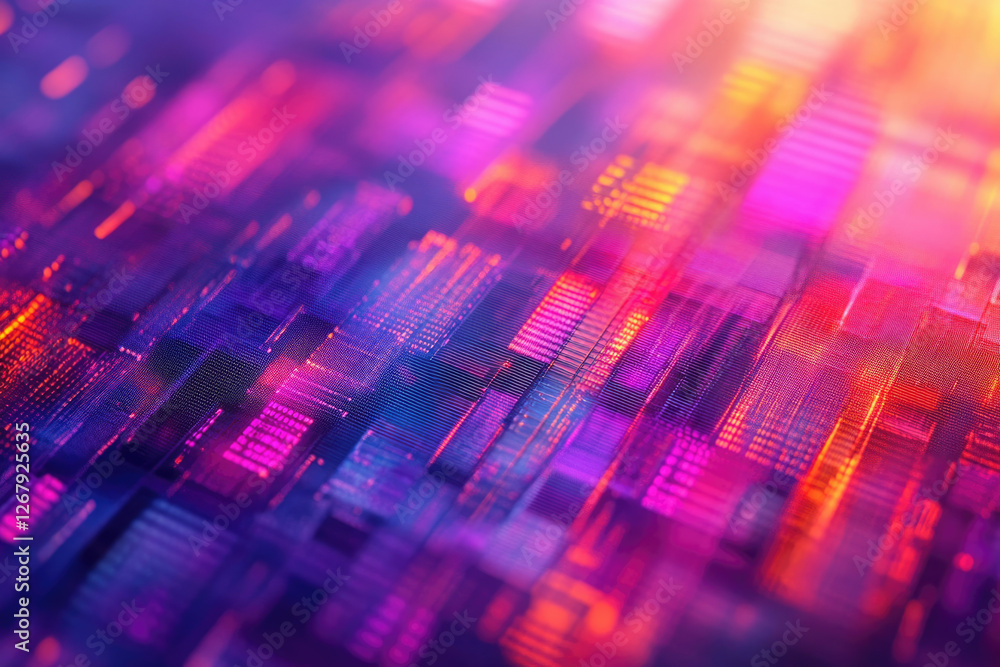 Aufkleber abstract digital cityscape with vibrant neon colors, glowing lines and grid-like structures.