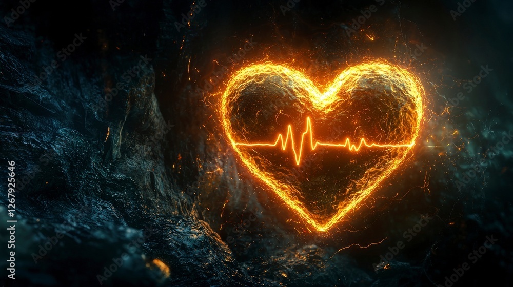 Poster a burning heart symbol vividly showcases a strong pulse pattern, capturing the primal forces of life