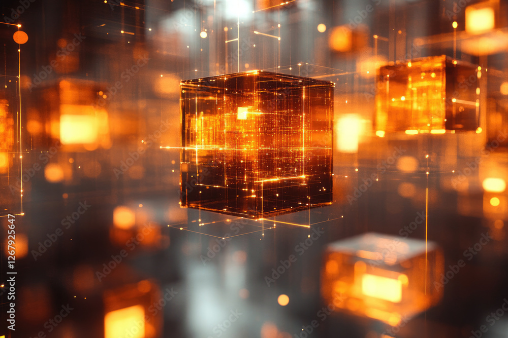 Poster Glowing orange cubes interconnected, representing data streams and digital networks in a futuristic, abstract setting.