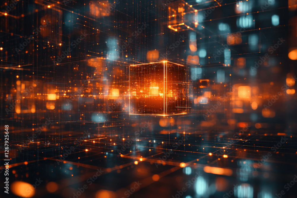 Poster abstract digital landscape with glowing orange cube, representing data flow and network connections.