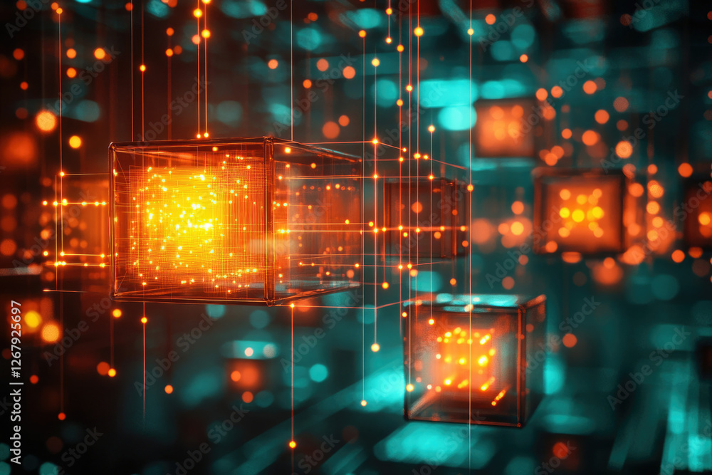 Poster interconnected glowing cubes represent a network, data flow, or digital technology.