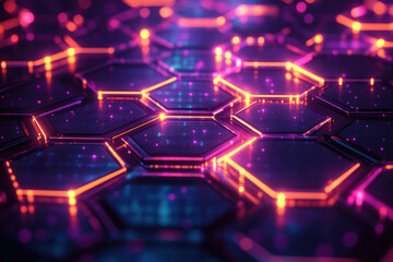 Fototapeta premium Abstract hexagonal grid glowing with vibrant neon orange and purple lights, futuristic digital concept.