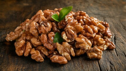 Obraz premium Close-up of fresh walnuts on rustic wood surface with green leaves