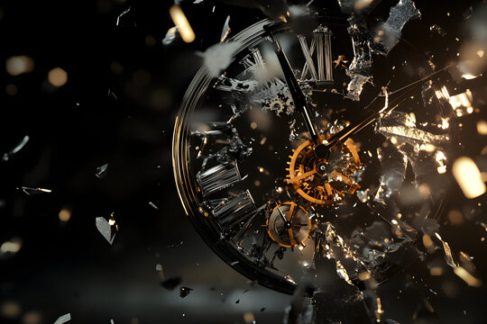  Shattered clock with flying glass fragments, broken timepiece, exploding watch, dramatic destruction, time concept, dark background, high-speed photography, 3D illustration
