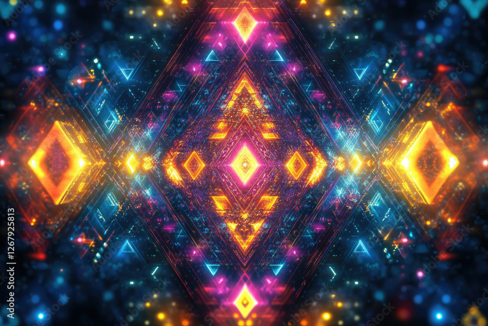 Aufkleber vibrant neon geometric kaleidoscope with symmetrical patterns and glowing shapes.