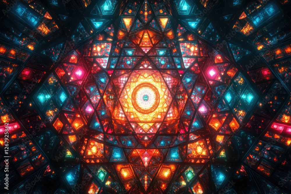 Poster intricate glowing geometric pattern, vibrant colors and symmetrical design creates a mesmerizing kal