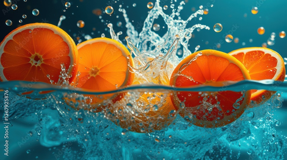Poster refreshing orange slices burst into cool water, creating a splash of vibrant color and refreshing en