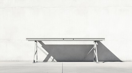 Modern minimalist silver bench against white wall.