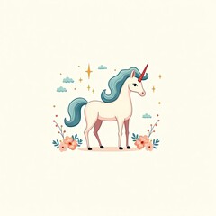 Cute unicorn illustration, standing, floral background, starry sky.  Possible use children's book cover