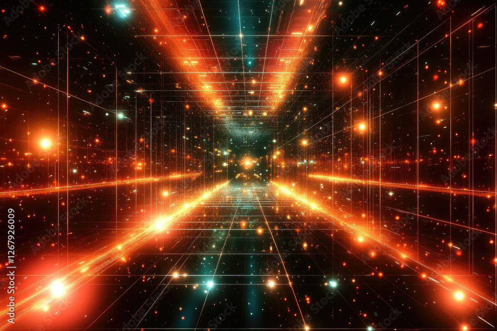 Poster A digital tunnel of light and data streams, glowing with orange and teal hues, representing the vastness of cyberspace.