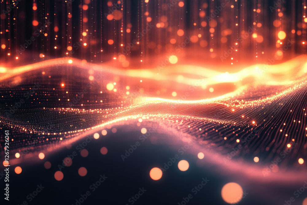 Poster Abstract digital landscape with glowing particles and bokeh lights, creating a mesmerizing and vibrant scene.