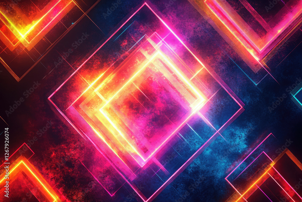 Poster Vibrant neon squares intersect on a dark, textured background, creating a dynamic and energetic abstract design.
