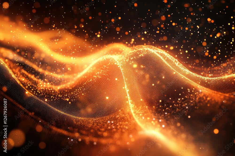 Poster Golden particles flowing in waves, creating a luxurious and dynamic abstract background.