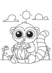 Coloring book cute lemur sipping a coconut drink under the sun. Perfect for kids and summer fun