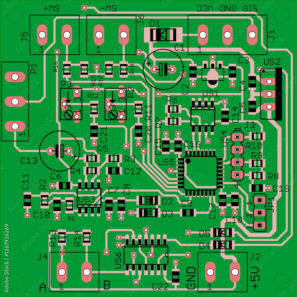 Poster vector printed circuit board of electronic device with components of radio elements, conductors and 