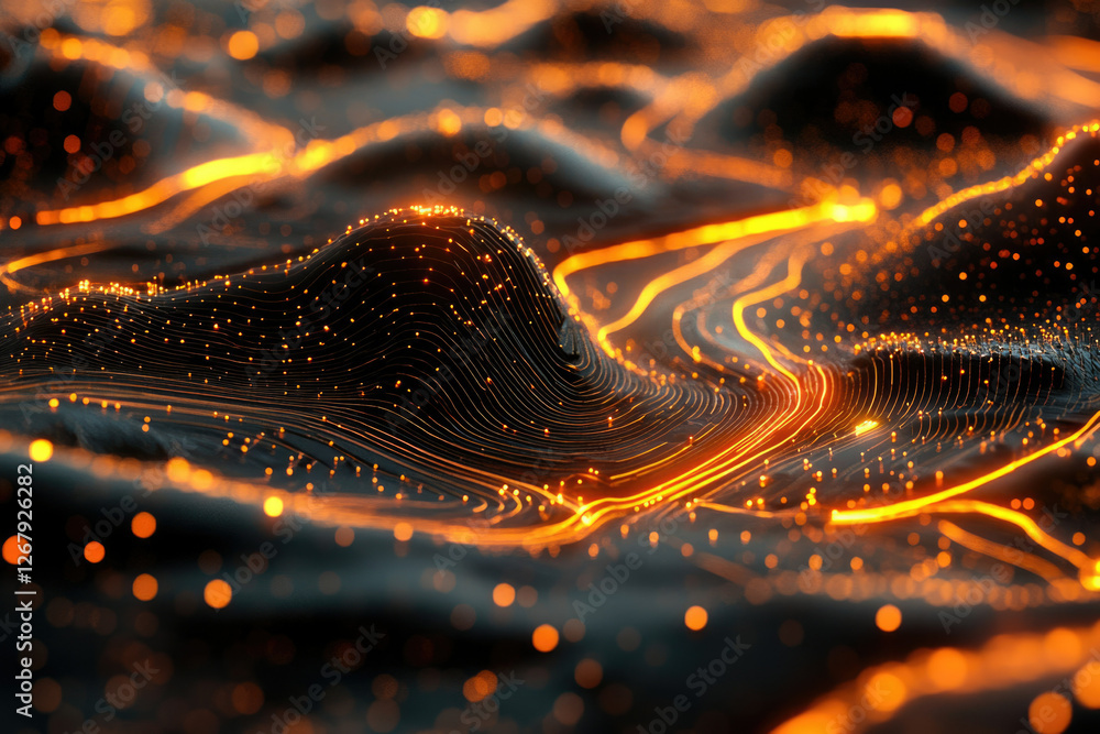 Poster Abstract digital landscape with glowing lines and particles forming hills and valleys, creating a futuristic, energetic scene.