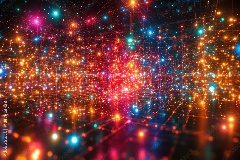 Poster A vibrant, interconnected network of colorful lights forming a mesmerizing, three-dimensional structure.