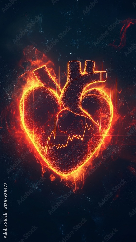 Poster this image presents a fiery structured heart with dynamic heartbeat lines, illustrating the passion 