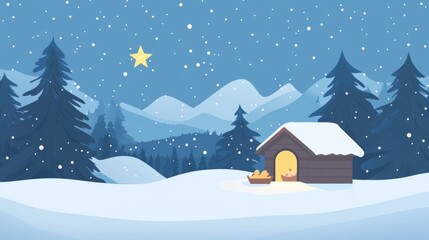 Peaceful winter night: snowy landscape with cabin and starry sky