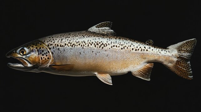 Detailed image of a brown trout on a dark background