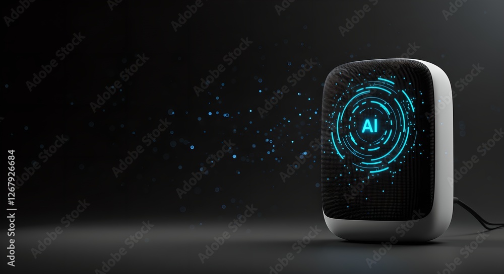 Poster smart speaker with ai voice assistant interface on dark background. futuristic home automation devic