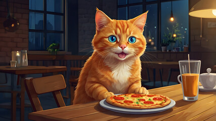 "Create a cute, cartoon style ginger cat with big bright blue eyes sitting down on a table looking straight ahead and holding a cheesy pizza slice. Its expression is joyful and excited as it prepares