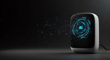 Smart speaker with ai voice assistant interface on dark background. Futuristic home automation device with glowing blue display. Modern technology concept. Banner with copy space