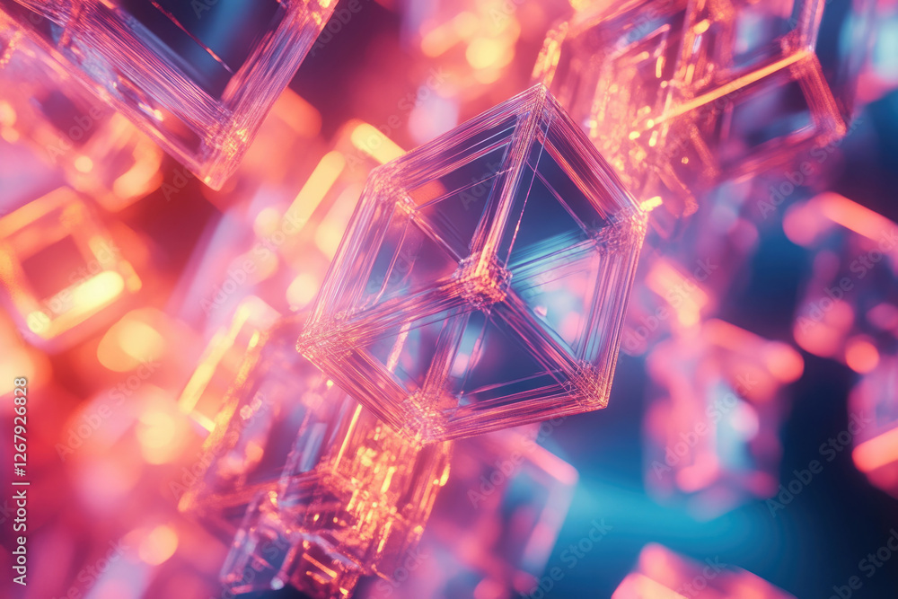 Poster glowing, transparent cubes float in a vibrant pink and blue neon light, creating an abstract digital