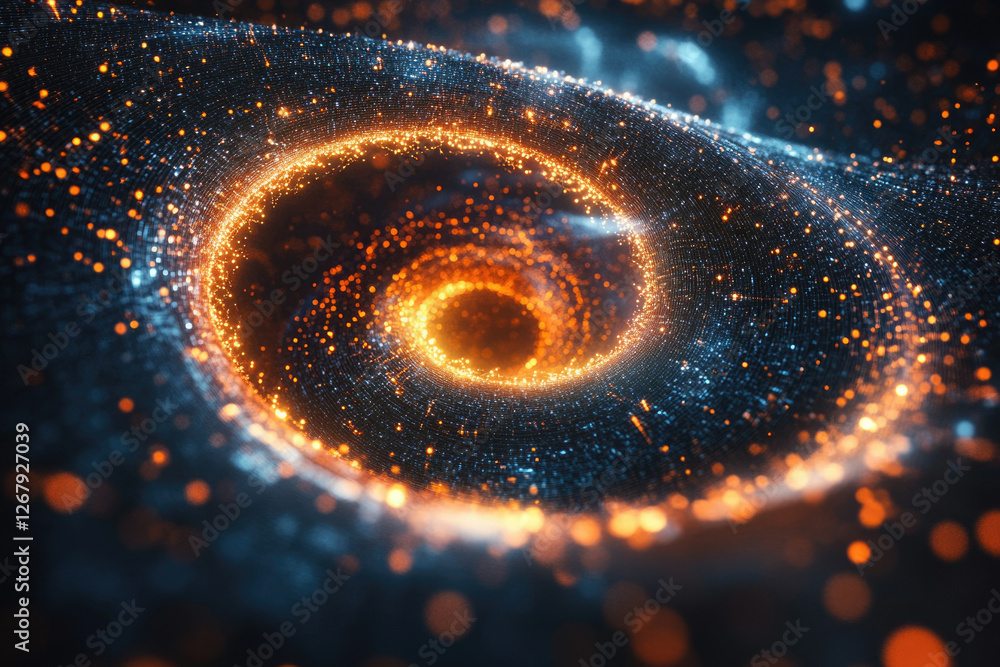 Poster abstract swirling vortex of glowing particles, vibrant orange and blue hues creating a mesmerizing c