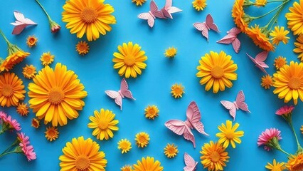 Fototapeta premium Delicate calendula blooms scattered on a blue background, flower arrangement, origami paper butterflies, flowers