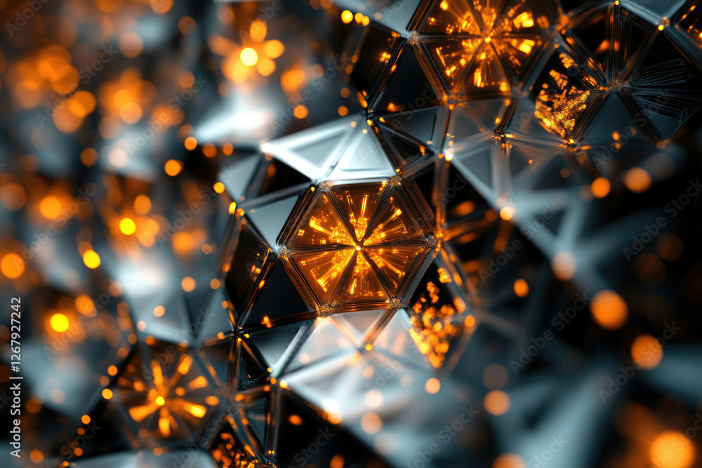 Poster abstract 3d render of glowing geometric shapes, intricate metallic structure with orange highlights.