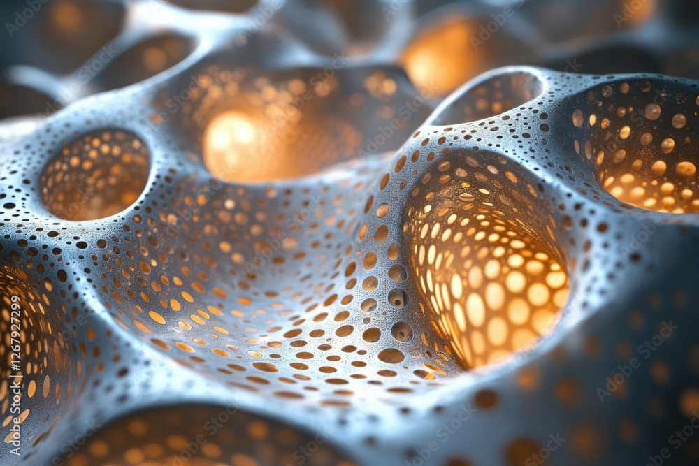 Poster Abstract 3D render of a porous, undulating surface with internal illumination, evoking concepts of cellular structures or futuristic architecture.