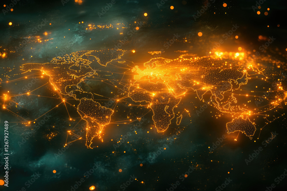 Poster Global network connections visualized as a luminous world map, showcasing interconnectedness and communication.