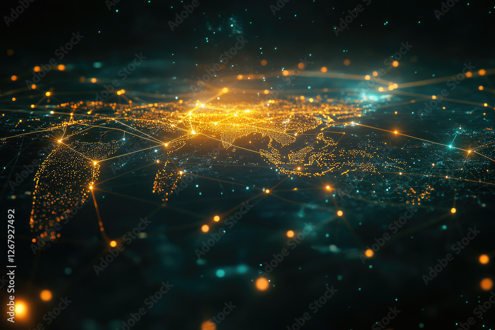 Poster Global network connectivity visualized, showing interconnectedness of cities and continents through illuminated lines and nodes.