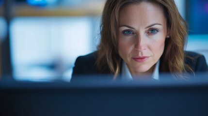 Focused female adult working on computer in office environment