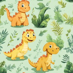 Naklejka premium Seamless Pattern - Adorable cartoon dinosaurs in lush greenery