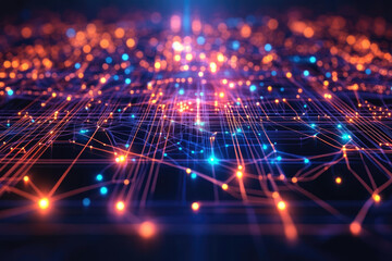 Fototapeta premium Abstract digital network with glowing nodes and interconnected lines, representing data flow and connectivity.