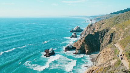 Scenic lighthouse overlooking rocky coastline with ocean waves and cliffs