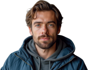 A portrait of a young man with a beard and wavy brown hair, wearing a blue jacket over a hoodie. He has a confident yet relaxed expression, ideal for lifestyle, fashion, or outdoor themes.
