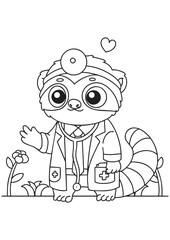 Coloring book cute lemur doctor ready for a checkup. Perfect for kids