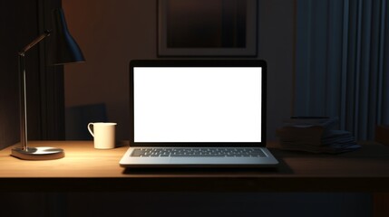 Dark room with glowing laptop screen and mug on wooden desk
