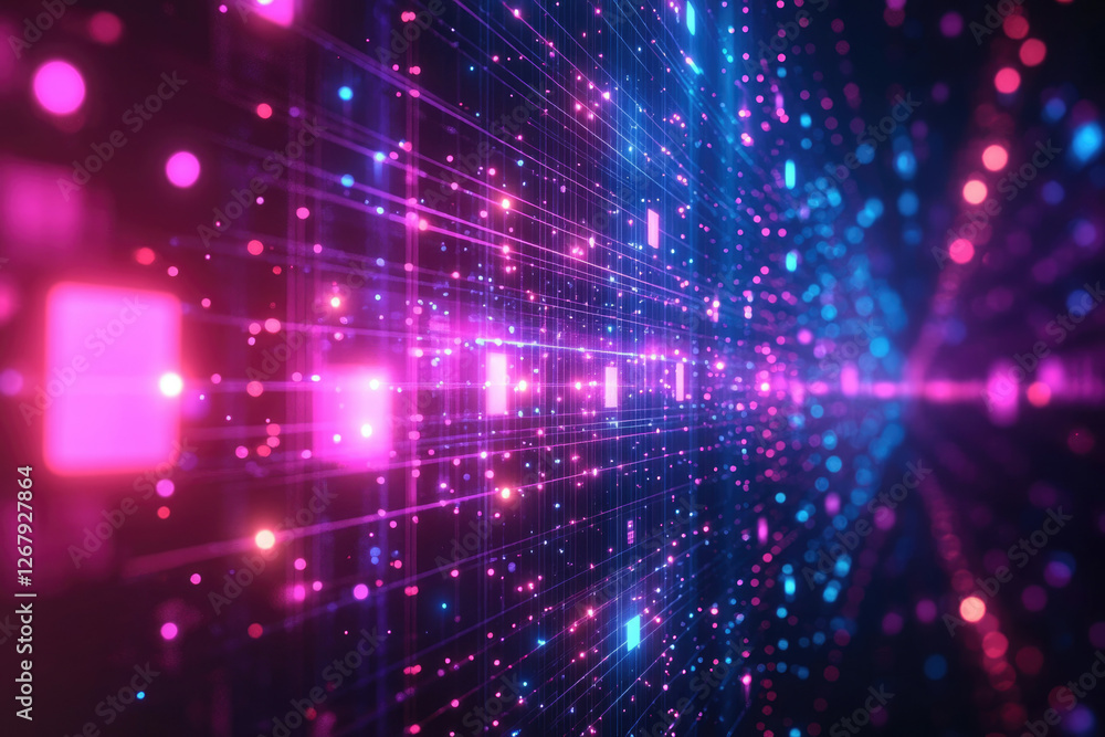 Poster Abstract digital grid with glowing pink and blue nodes, representing data flow and network connections.