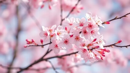 Obraz premium Delicate cherry blossom branches with soft pink flowers and a dreamy pastel atmosphere, branch, peaceful, tree