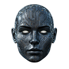 Cybernetic humanoid head with circuit board texture on transparent background. AI