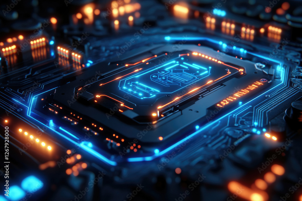 Poster futuristic circuit board with glowing blue and orange lines, showcasing advanced technology.
