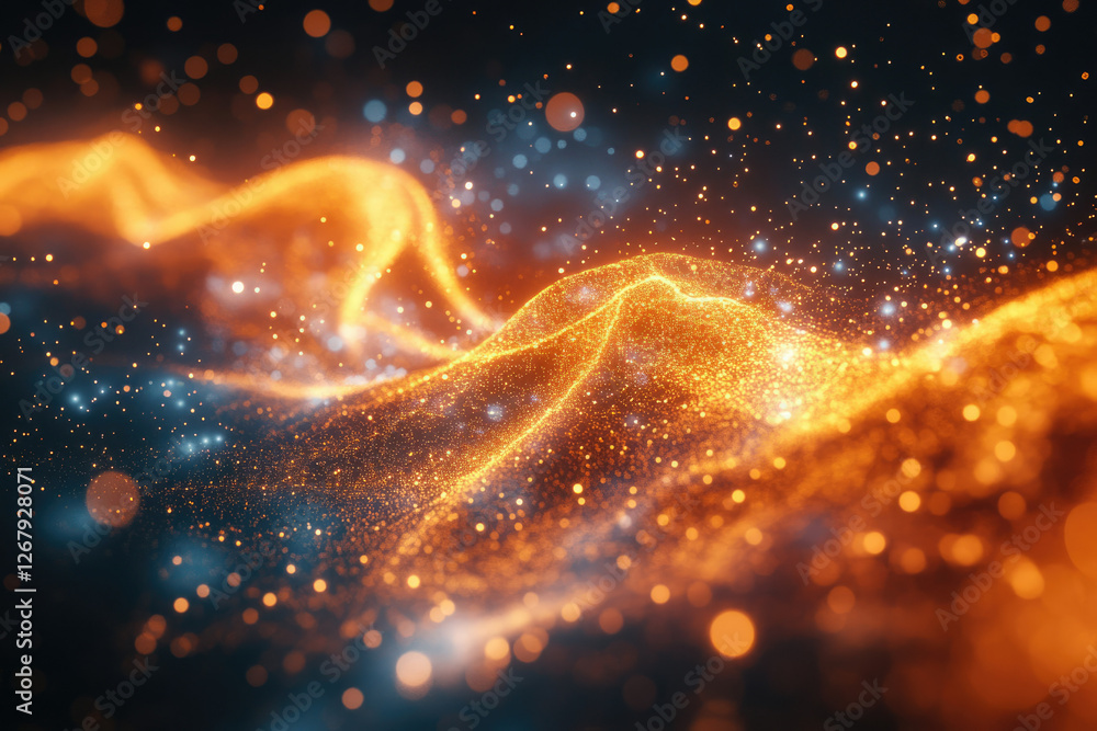 Aufkleber Abstract wave of shimmering orange and blue particles, glowing with bokeh effect in dark background.