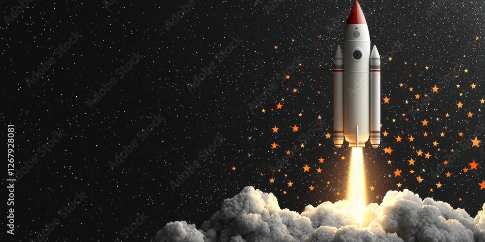 Wall mural rocket taking off with starry sky background illustration of ambition innovation and imagination