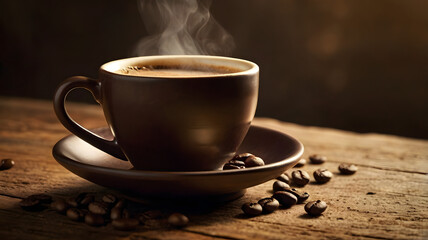 Fototapeta premium Create a warm and inviting image of a steaming hot cup of coffee situated on a rustic wooden table, surrounded by a few scattered coffee beans and a subtle drizzle of coffee grounds, with a soft, gold