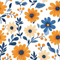 Seamless Pattern - Floral pattern with orange, cream, and blue flowers.