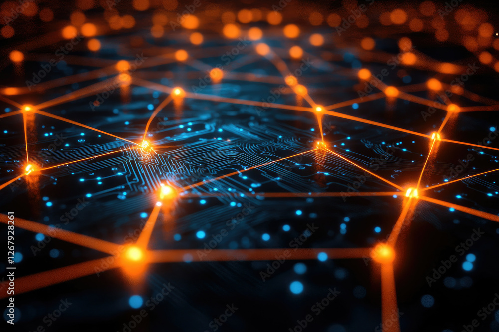 Aufkleber Abstract representation of interconnected nodes on a circuit board, showcasing digital network and data flow.